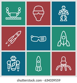 Futuristic icons set. set of 9 futuristic outline icons such as rocket, man in smart glasses, robot