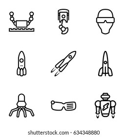 Futuristic icons set. set of 9 futuristic outline icons such as robot arm, rocket, man in smart glasses, robot