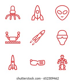 Futuristic icons set. set of 9 futuristic outline icons such as rocket, alien head, man in smart glasses, robot