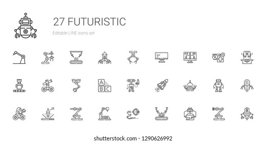 futuristic icons set. Collection of futuristic with industrial robot, robot, space shuttle, cubes, monitor. Editable and scalable futuristic icons.