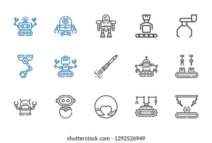 futuristic icons set. Collection of futuristic with industrial robot, robot, pluto, rocket ship. Editable and scalable futuristic icons.