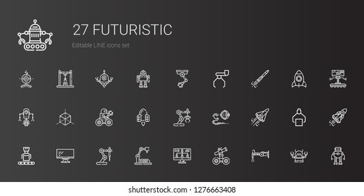 futuristic icons set. Collection of futuristic with robot, monitor, industrial robot, space shuttle, spaceship, cube, rocket ship, rocket. Editable and scalable futuristic icons.