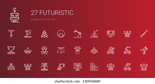 futuristic icons set. Collection of futuristic with robot, cubes, monitor, industrial robot, rocket ship, pluto. Editable and scalable futuristic icons.
