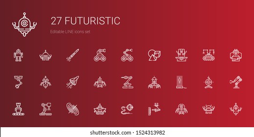 futuristic icons set. Collection of futuristic with robot, industrial robot, black hole, hologram, space shuttle, cubes, rocket ship. Editable and scalable futuristic icons.