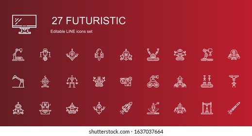 futuristic icons set. Collection of futuristic with robot, space shuttle, industrial robot, rocket ship, spaceship, monitor. Editable and scalable futuristic icons.