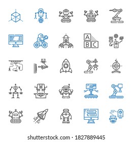 futuristic icons set. Collection of futuristic with robot, monitor, space shuttle, industrial robot, rocket, cubes, cube. Editable and scalable futuristic icons.