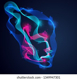 Futuristic idea of digital software soul of machine, spirit of technocratic time evolution period, human head vector illustration made of dotted particle flow array.