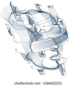 Futuristic idea of digital software soul of machine, spirit of technocratic time evolution period, human head vector illustration made of dotted particle flow array.