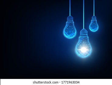 Futuristic idea, innovation, creative solution concept with glowing low polygonal light bulbs on dark blue background. Modern wireframe mesh design vector illustration.