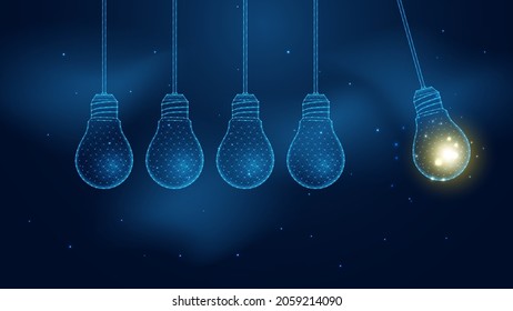 The futuristic idea, light bulbs Newton's s cradle pendulum line connection. Low poly wireframe design. Abstract geometric background. vector illustration.