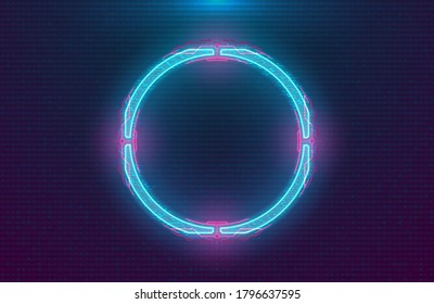 Futuristic illuminated cyberpunk hologram circle. Modern circle with blue hud neon effect and pink printed circuit board on digital background. Glow Design for Banner, Web. Cyber vector