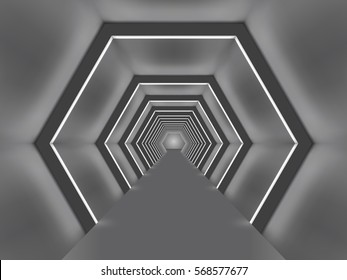 Futuristic illuminated hexagon shaped passage vector illustration.  Sci-fi tunnel interior.