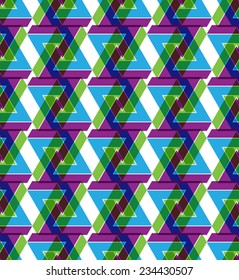 Futuristic illusive abstract textured geometric seamless pattern with transparent overlap triangles. Vector multicolored stylized texture.