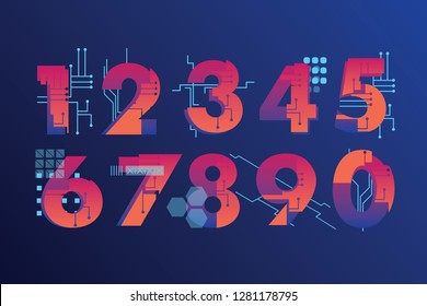 Futuristic, illustrated numbers in industrial style with vibrant gradient colors