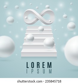 Futuristic illustration with 3d stairs, spheres and infinity symbol on top. Stock Vector