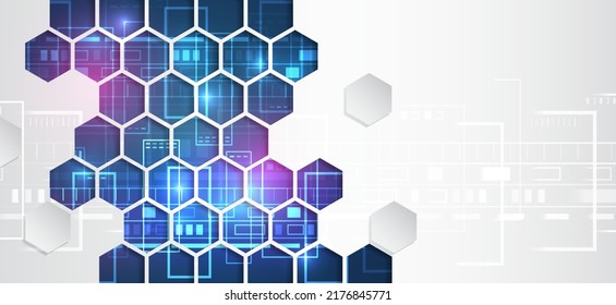 Futuristic illustration. Abstract hexagons science on the blue background. Hi-tech digital technology and engineering concept. Wide Sci fi template with polygons.