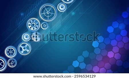 Futuristic illustration. Abstract hexagons science on the blue background. Hi-tech digital technology and engineering concept. Wide Sci fi template with polygons, engineering mechanism.