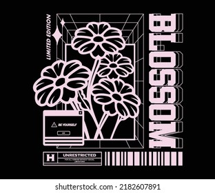 Futuristic illustration of blossom flower t shirt design, vector graphic, typographic poster or tshirts street wear and Urban style