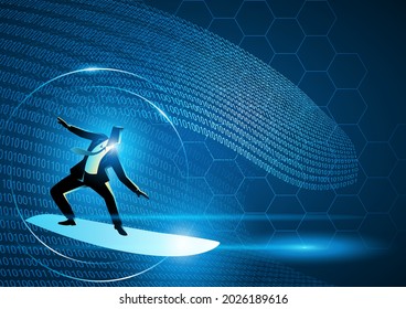 Futuristic illustration of a businessman surfing on binary numbers