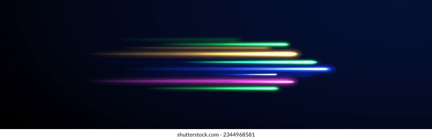 Futuristic illustration in cyberpunk style light trail vector, slow shutter, night city. Azure blue green light effect, curve shape neon speed motion. Color swirl power waves flow. Electric trail.