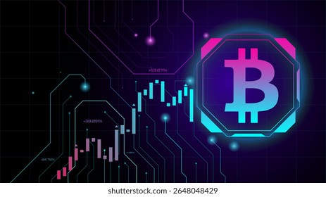 Ilustração futurista do logotipo bitcoin digital integrado em gráficos de circuito e de negociação. Conceito de inovação em tecnologia financeira e tendências de moeda virtual.