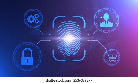 Ilustración futurista del sistema de seguridad digital con verificación de huellas dactilares. Tecnología biométrica para la protección de datos contra ataques cibernéticos. Concepto de sistema de seguridad avanzado