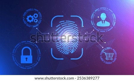 Futuristic illustration of digital security system with fingerprint verification. Biometric technology data protection from cyber attacks. Advanced security system concept