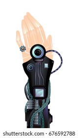 Futuristic Illustration Featuring a Metallic Artificial Arm with a Ring Made in the Shape of a Gear Wrapped Around the Pinkie