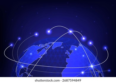 Ilustración futurista de comunicación global e intercambio de datos con líneas brillantes en la Tierra, Ilustración vectorial