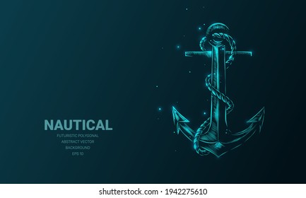 Futuristic illustration with hologram neon nautical anchor sketch, concept glowing icon sign on dark background. Vector digital art, technology, shipping, sailing, sea adventure concept.