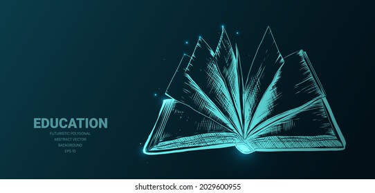 Futuristic illustration with hologram neon open book sketch, concept glowing icon sign on dark background. Vector digital art, technology, education, school, reading, writer, information concept.