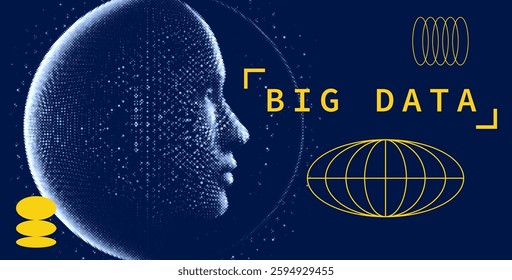Futuristic illustration of a human head made of points, emphasizing the concept of big data with geometric shapes on a dark blue background, symbolizing technology and analysis.