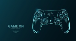 Futuristic Illustration With Joystick Game Controller Or Sketch, Concept Sign On Dark Background For Video Games. Vector Digital Art, Technology, Computer Games, Cyber Sport.