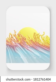 Ilustración futurista de olas oceánicas y sol. Diseño de pantalla moderna para aplicaciones móviles y diseño web. Fondo natural. Ilustración vectorial.