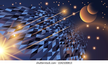 Ilustración futurista sobre un tema espacial. Meteoritas volando a través de una superficie poligonal, un destello de energía contra el fondo del cielo estrellado, siluetas de los planetas. Vector.