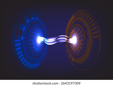Ilustração futurista do entrelaçamento quântico ou transferência de dados entre dois núcleos de energia em tons azuis e laranja, simbolizando tecnologia avançada.