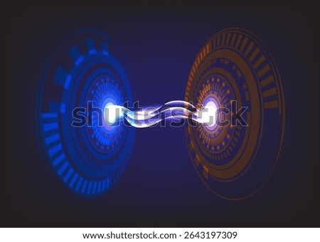 Futuristic illustration of quantum entanglement or data transfer between two energy cores in blue and orange tones, symbolizing advanced technology.