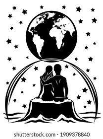 Futuristic illustration with romantic couple sitting on the Moon and admiring the planet Earth.
