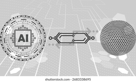 Ilustração futurista mostrando tecnologia de inteligência artificial conectada a uma esfera digital através de uma rede como um circuito. 