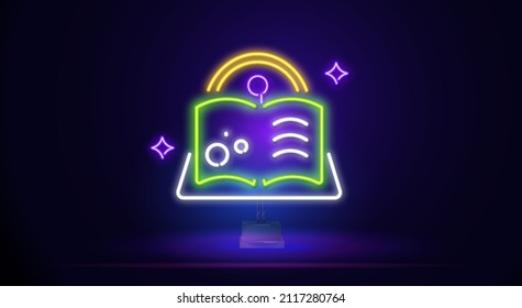 Futuristic illustration with a sketch of an open magic book, a conceptual glowing icon on a dark background. Vector digital art, technology, education, school, reading, writer, information concept.