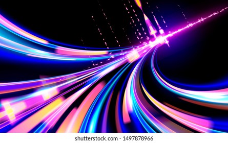 A Futuristic Illustration In Vector Of Light Trails In Cyberpunk Style, Light Speed Effect, Slow Shutter, Night Urban.