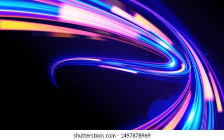 A futuristic illustration in vector of light trails in cyberpunk style, Light speed effect, slow shutter, night urban.