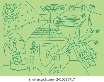 Futuristic illustration in vector line art style. Contour illustration with laptop, floral drawing, abstract shapes. Artificial intelligence concept.