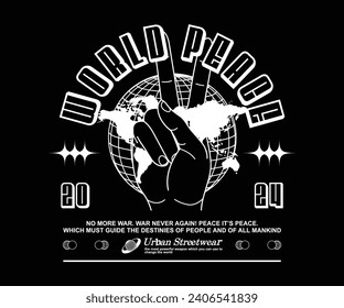  Futuristic illustration of world, no war retro poster t shirt design, vector graphic, typographic poster or tshirts street wear and Urban style