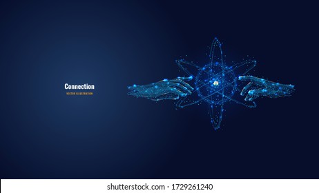 Futuristic image of hands touching abstract technology circles with global connection lines. Vector connection and data exchange technology concept in dark blue. Digital polygonal mesh illustration 
