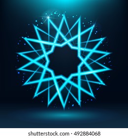 Futuristic image of neon stars. Chaotic glowing particles. Abstract geometric shape. Empty space for text. Vector illustration.
