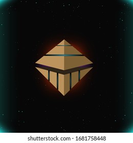 A futuristic image of a triangle flying in space surrounded by stars