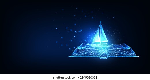 Futuristic Imagination, Storytelling, Inspiration Concept With Glowing Open Book And Sail Boat