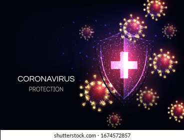 Futuristic immune system protection from coronavirus Covid-19 disease concept with glowing low polygonal shield and virus  cells on dark blue background. Microbiology, immunology. Vector illustration.