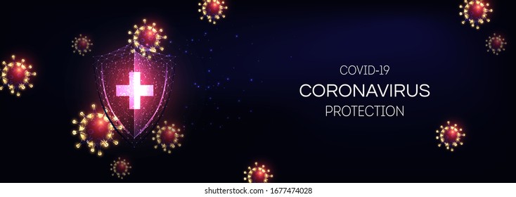 Futuristic immune system protection from coronavirus Covid-19 disease concept with glowing low poly shield and virus cells on dark purple background. Microbiology, immunology. Vector illustration.